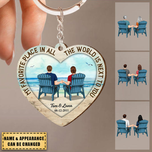 Back View Couple Sitting Beach Landscape Personalized Wooden Keychain